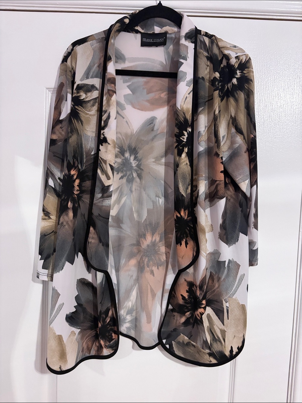 Frank Lyman Sheer Floral Open Front Cardigan in Black and Taupe